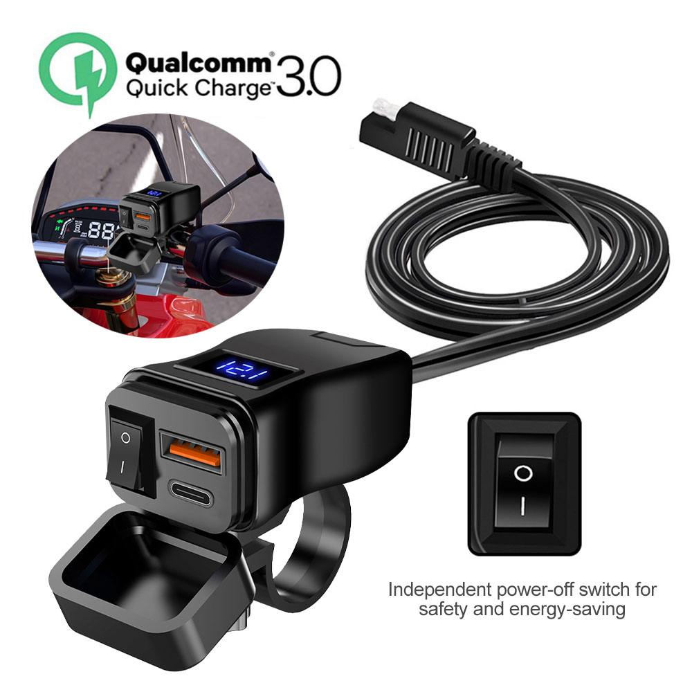 Carregador rápido para motocicleta, à prova d'água, tipo c, conector de soquete com display de voltímetro, adaptadores de motor pd qc com interruptor