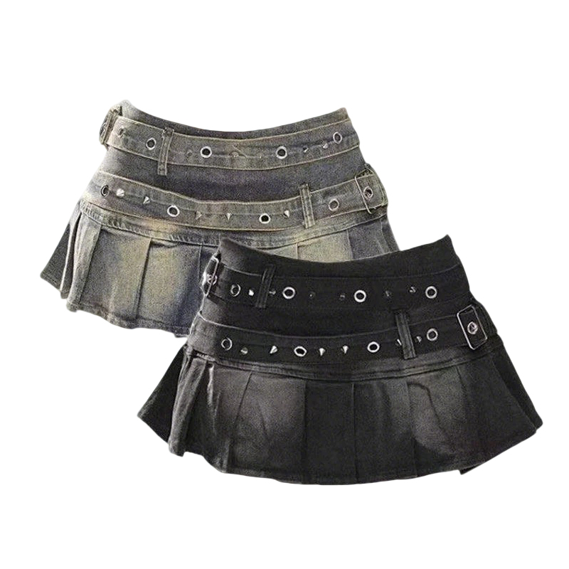 Saia Jeans Feminina com Cinto Cravejado, Minissaia Plissada de Cintura Baixa, Azul e Preta, Estilo Alt Girls Y2K Punk Anos 90