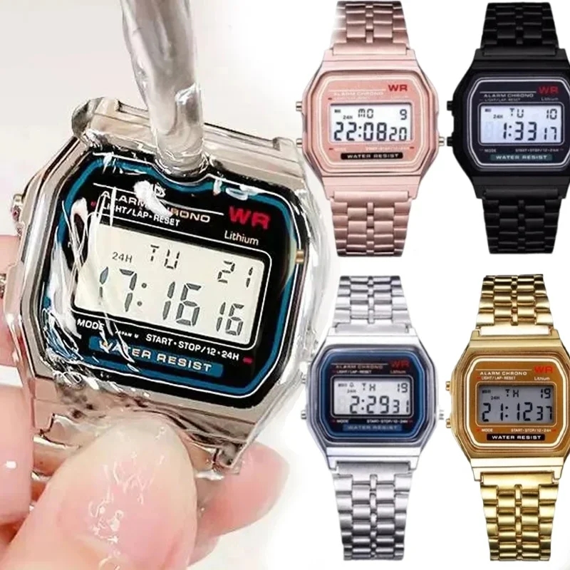 Reloj de pulsera de acero inoxidable F91W, relojes militares deportivos digitales Retro impermeables de lujo, reloj de pulsera electrónico para hombres y mujeres