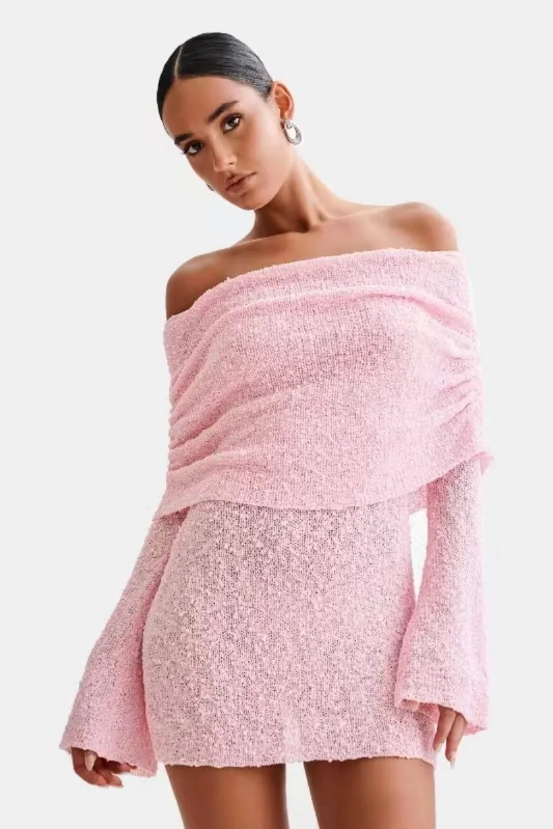 Minivestido ajustado de punto liso para mujer, Vestido de manga larga con hombros descubiertos, fruncido, ajustado, elástico, para fiesta y discoteca, otoño, 2024