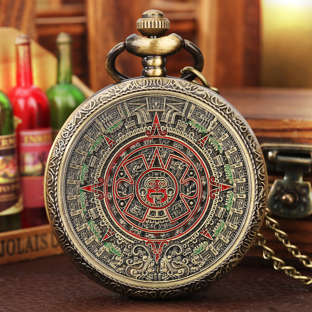 Bronze mexicano maya asteca calendário arte profecia cultura banhado a ouro moeda relógio de bolso de quartzo com colar de 80cm/corrente de cintura de 38cm