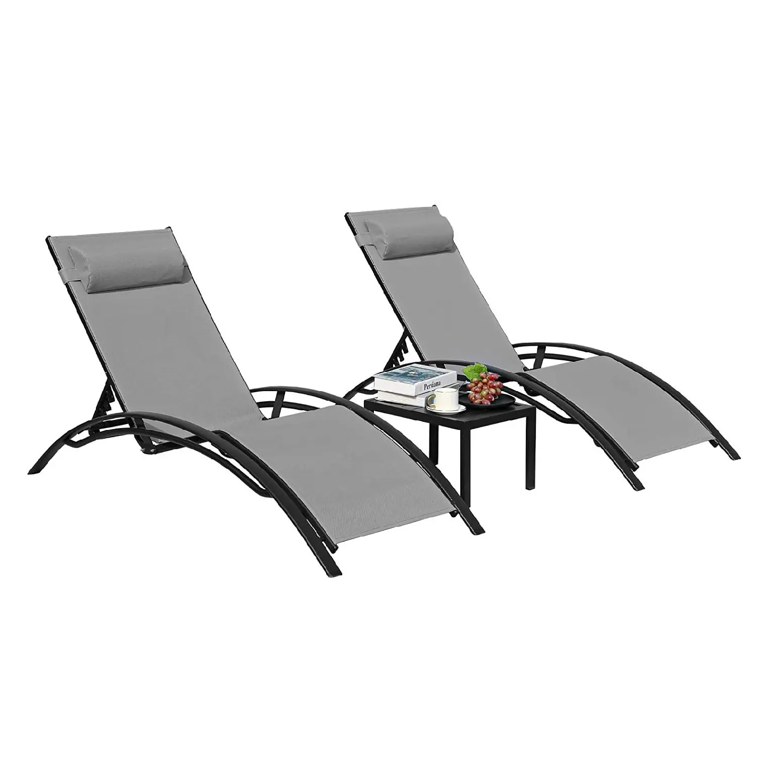 Aluminiowy fotel wypoczynkowy na zewnątrz z 5 regulowanymi pozycjami + stół 3 szt. Szezlong na zewnątrz do basenu, ogrodu, plaży, kempingu, podwórka
