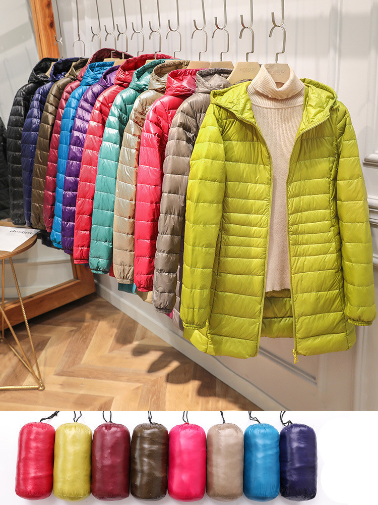 Feminino longo quente para baixo casaco com saco de armazenamento portátil feminino luz para baixo jaqueta senhoras casacos hip-length high street