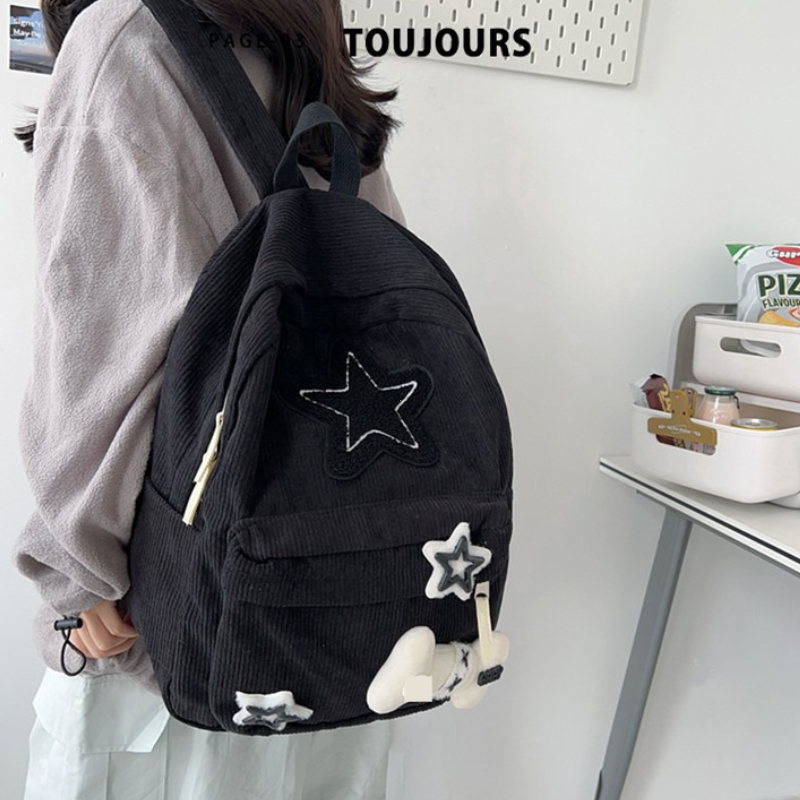 Mochila para ordenador portátil con diseño de estrella para niñas, mochila escolar de gran capacidad para estudiantes adolescentes, mochila de pana, bolso de hombro con doble correa