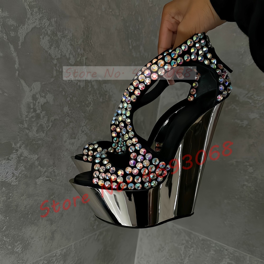 Sandales à talons compensés en cristal coloré scintillant pour femmes, chaussures à plateforme miroir argenté avec sangle croisée, sandales Sexy à fermeture éclair au dos pour Banquet