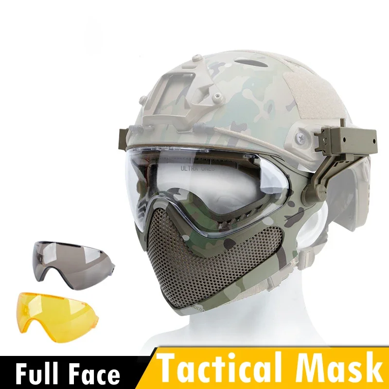 Maschera da tiro a 3 lenti Maschera integrale tattica traspirante per paintball Wargame Combattimento Airsoft CS Maschera di protezione in rete d'acciaio