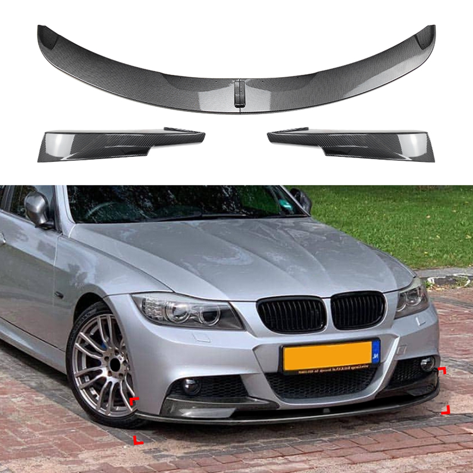 Para BMW Serie 3 E90 E91 LCI M Sport 323i 325i 328i 335i 2009-2012 divisor de parachoques de labio delantero + cubierta de alerón lateral ABS con apariencia de carbono