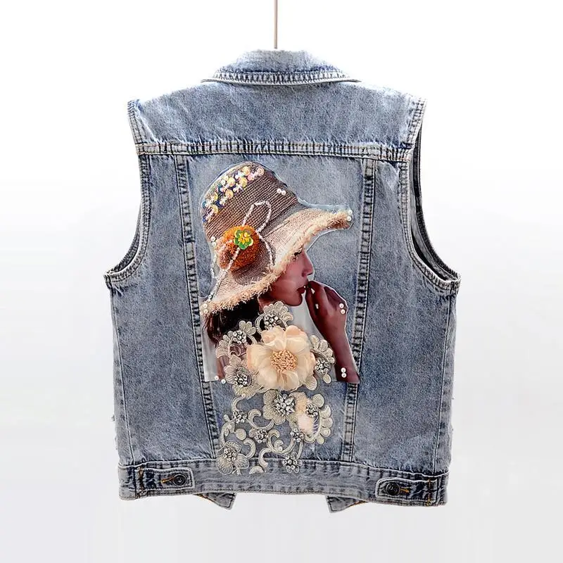Manteau en denim fleuri pour femme, manteau en fibre recadrée, streetwear coréen, gilet en émail, mode de créateur