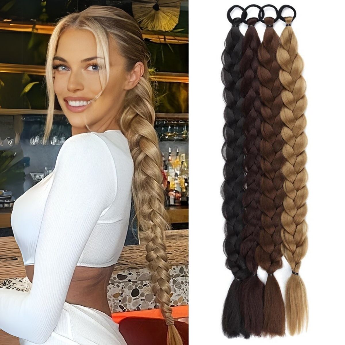 24 インチロングブラック合成編組ポニーテールヘアエクステンションゴムバンド付き女性ヘアアクセサリーボクシング三つ編み