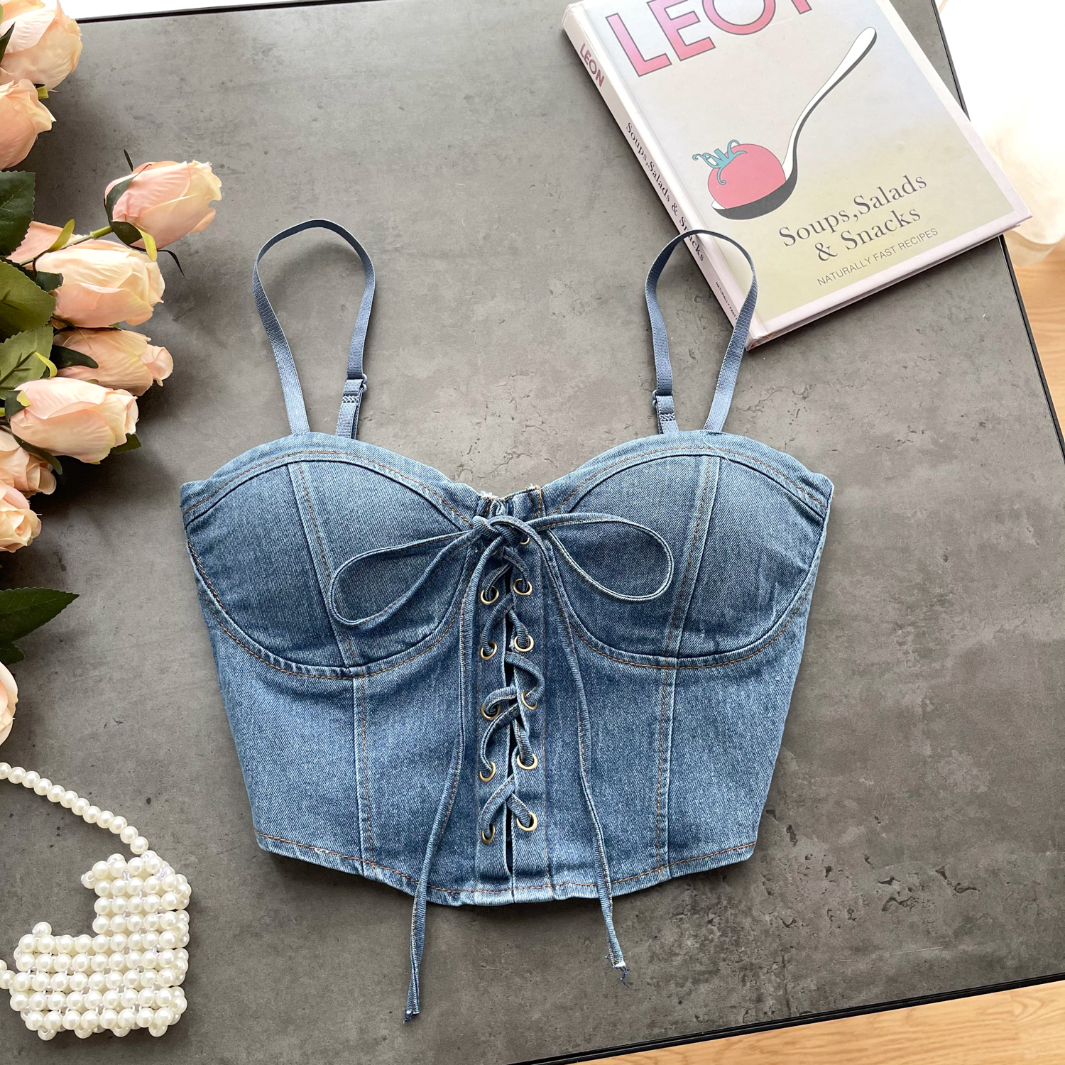 Frauen Vintage Chic Bandage Cowboy Tank Top schlanke Camis sexy koreanische Mode ärmellose Sommer Frauen süße Ernte Top