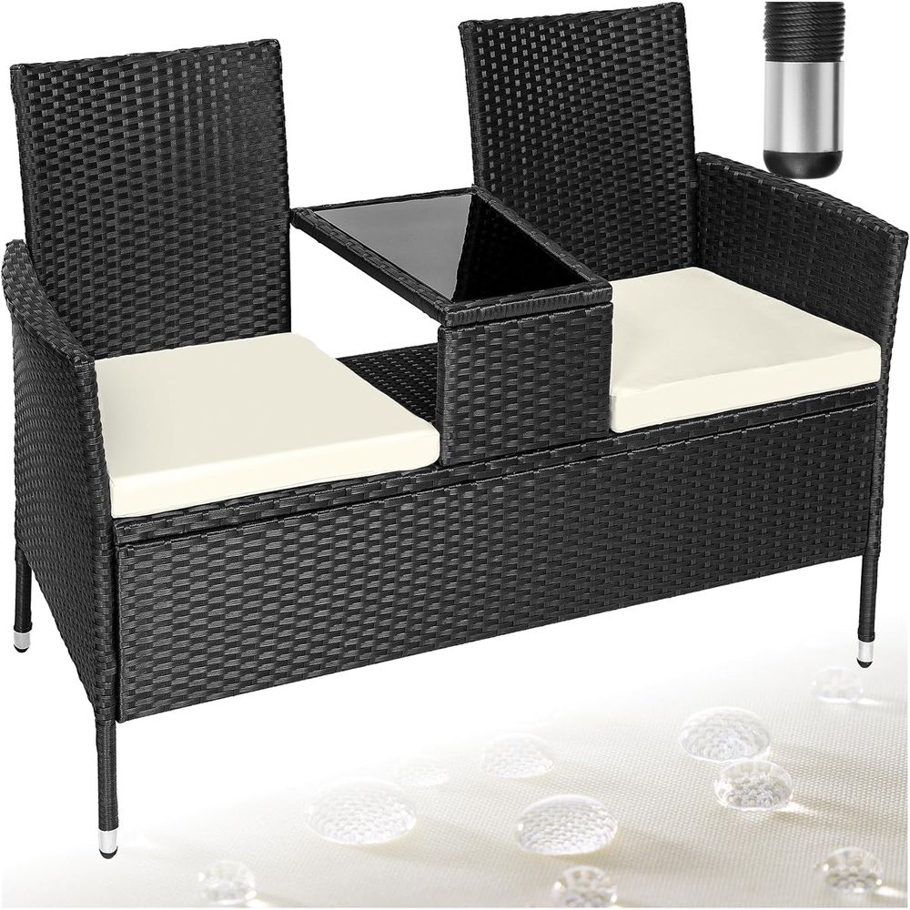 2-zits rieten bank met tafel 131x61x82cm Ideaal voor tuin, balkon en terras Inclusief kussen - Zwart/Beige