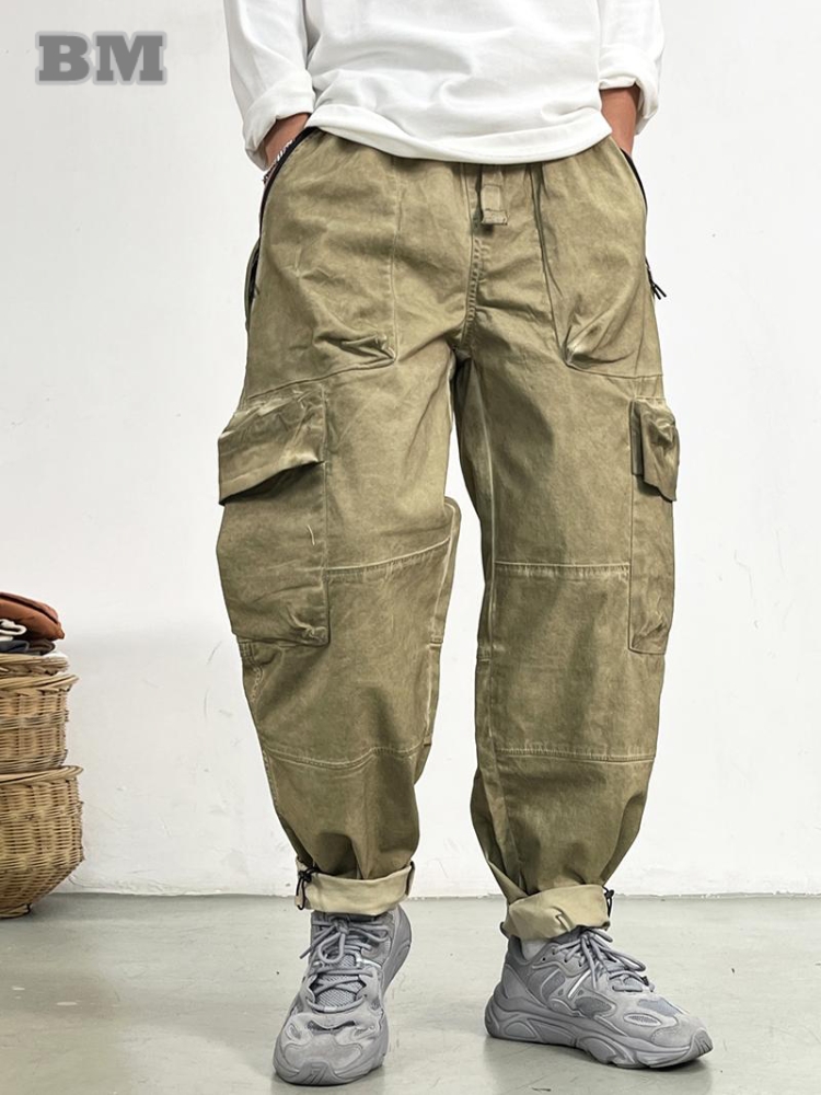 Hoge kwaliteit vintage cargobroek voor mannen plus size noodlijdende rechte broek Japanse streetwear harajuku kaki wijde broek