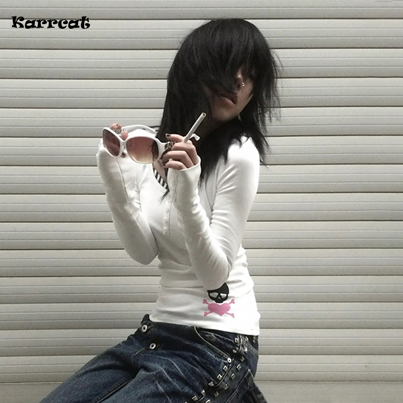 Karrcat Trashy Y2k T-shirt imprimé crâne Grunge esthétique faux deux pièces hauts Vintage années 2000 Style Streetwear américain rétro années 90