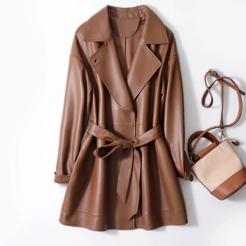Julypalette chaquetas de cuero genuino abrigos para mujer longitud media negro marrón cinturón gabardinas 2023 señora nueva prendas de vestir de piel de oveja