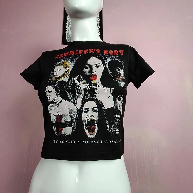Frauen T-shirt Harajuku crop Top Harajuku Retro Koreanische Schwarz Dämon Punk Gothic Anime Druck Kleidung Schlank ropa mujer Y2k
