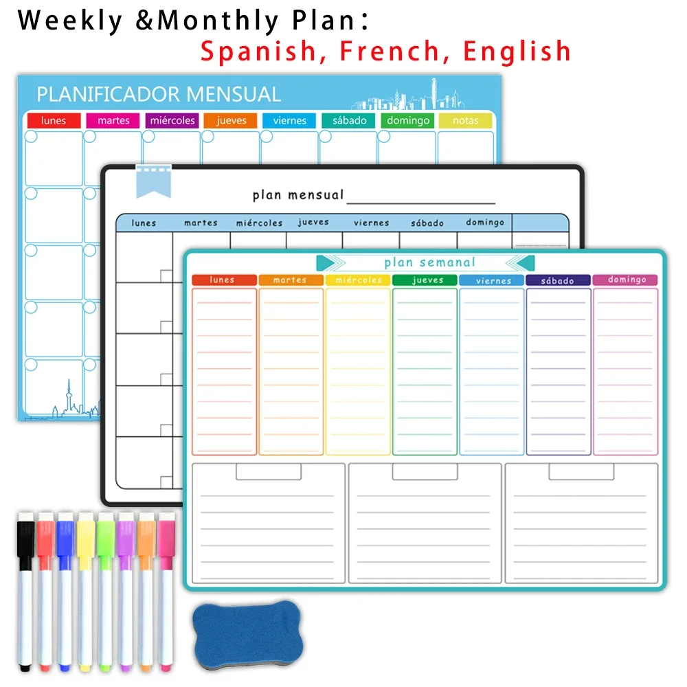 Planificador magnético semanal y mensual tamaño A3: español, francés, inglés. Calendario adhesivo para nevera con pizarra blanca de borrado en seco