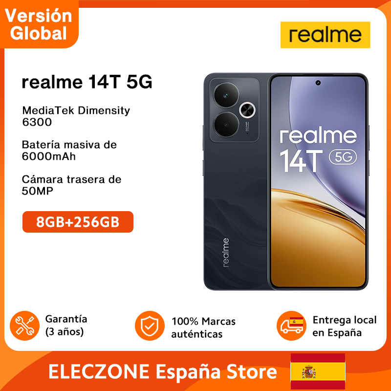 Versión global realme 14T Smartphone 5G MediaTek Dimensity 6300 Pantalla OLED de 6,67» Batería de 6000mAh Next AI Resistencia al agua IP69