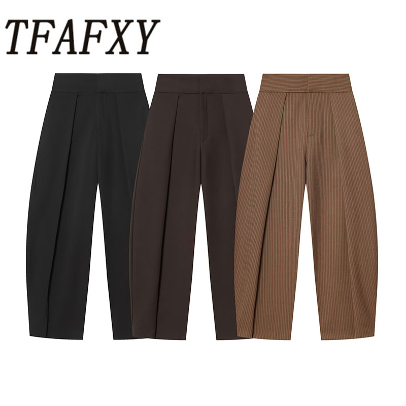 TFAFXY กางเกงทำงานผู้หญิงรุ่นใหม่ 2026 ฤดูใบไม้ผลิ กางเกงทรงบอลลูนเอวสูง กางเกงลำลองผู้หญิง กางเกงขายาวจีบ Y2K