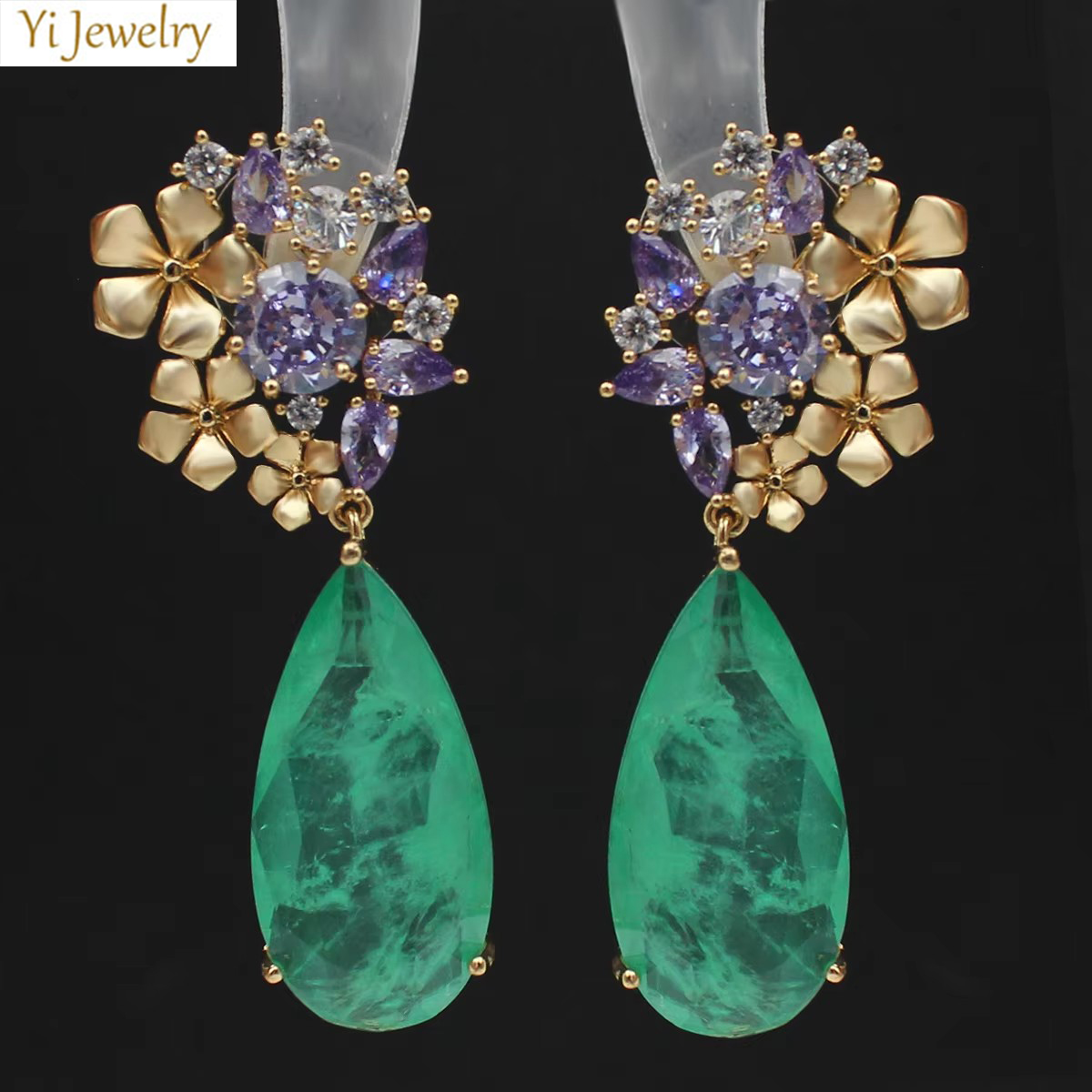 Boucles d'oreilles pendantes goutte d'eau pour femme, vert, violet, bijoux de créateur, fleur, cadeau féminin élégant pour la fête
