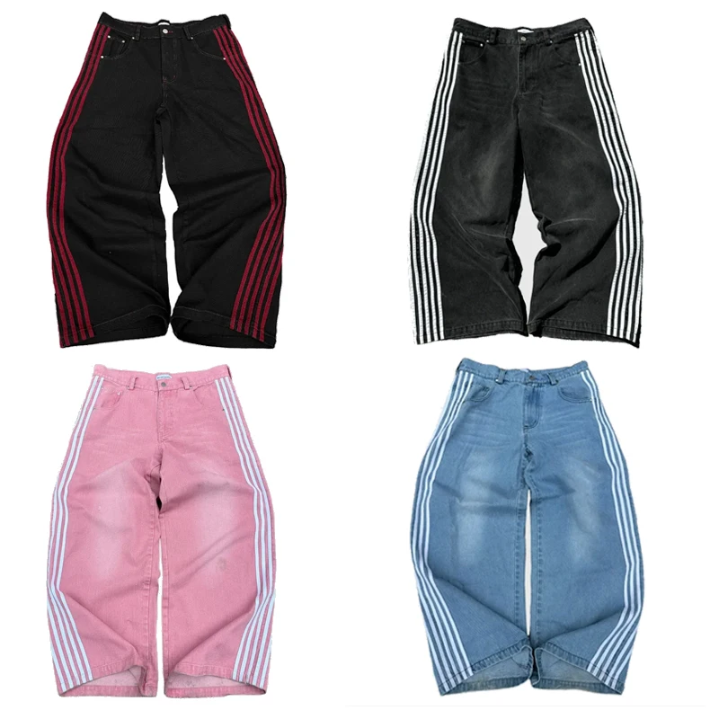 Y2K 헐렁한 청바지 고품질 수 놓은 줄무늬 하라주쿠 스웨트 팬츠 남성 여성 힙합 streetwear 캐주얼 와이드 레그 데님 바지