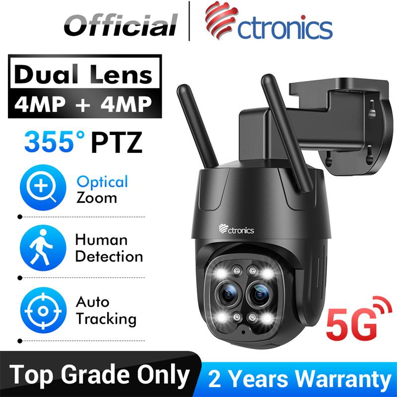 Ctronics กล้องกล้องวงจรปิด Wi-Fi เลนส์คู่ซูมออปติคอลกลางแจ้ง360 PTZ กล้องวงจรปิดมนุษย์ติดตามรถยนต์การมองเห็นได้ในเวลากลางคืนสี
