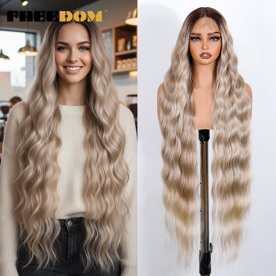 FREEDOM Synthetic Lace Front Wig 36 Inch Super Long Deep Body Wavy Lace Wigs For Women Ombre Brown Blonde Wigs White Cosplay Wig