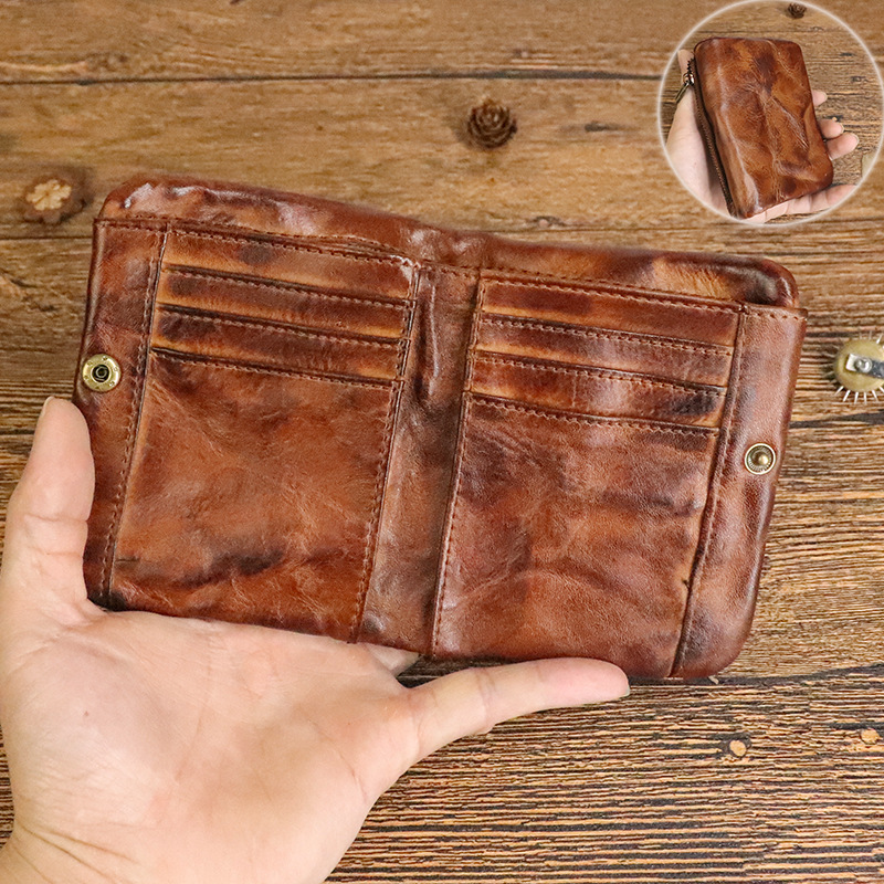 Bolsa de Moedas de Couro Genuíno Estilo Vintage Homens com Bolso de Moedas Carteiras Curtas Pequenas Zíper Bolsa Jovem com Porta-cartões Design Vertical Bolsa de Dinheiro Bifold de Couro Macio