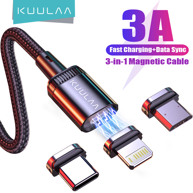 KUULAA 3A câble de charge magnétique Led USB Micro Type c câble de chargeur rapide pour iphone 16 15 14 13 Xiaomi Samsung cordon