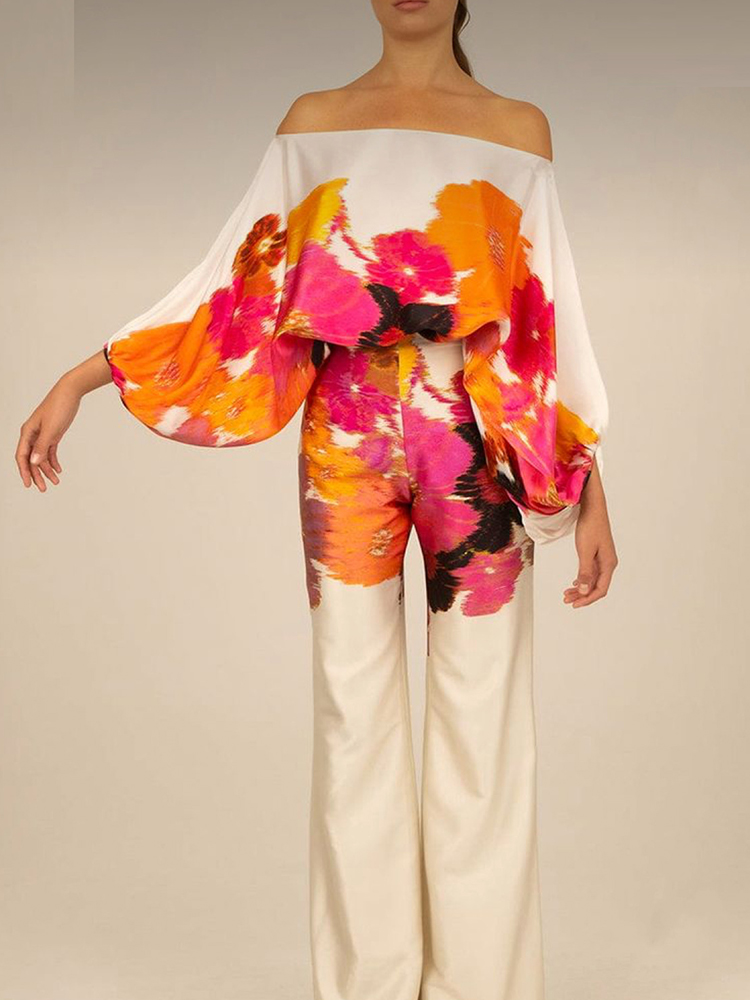 Ropa de estar por casa para mujer, conjunto de 2 piezas con cuello oblicuo y manga larga de murciélago, pantalones de pierna ancha estampados, primavera y verano, 2023