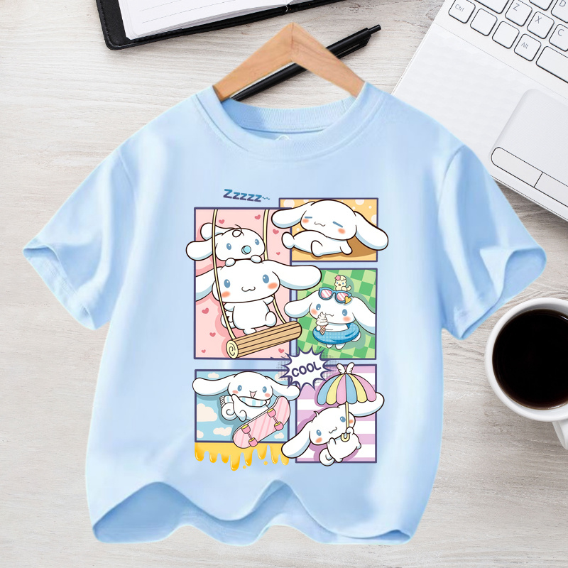 Letnie ubrania codzienne 2026 Kawaii Prezent Urocza koszulka z Cinnamorollem dla dziewczynki Bawełniana koszulka z nadrukiem anime Koszulka z krótkim rękawem dla dzieci Streetwear