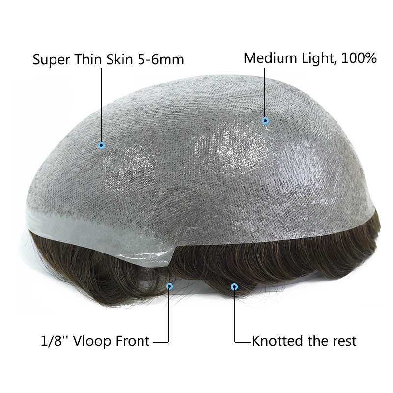 Protesi Capillare Uomo Vloop Frontale in PU, Base Sottile 0.05-0.06mm con Nodi, Parrucca in Vero Capello Umano Indiano, Attaccatura Naturale