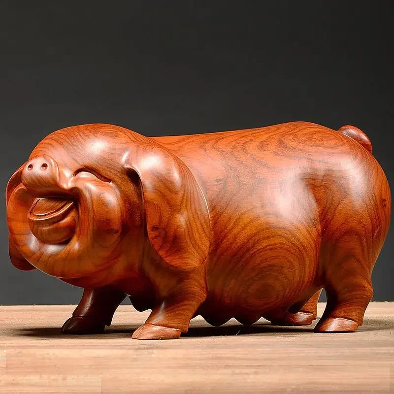 Kerajinan Kayu Huanghuali Ukiran Figur Babi Buatan Tangan Feng Shui Mahoni Aksesori Rumah Kantor Desktop Ornamen Hadiah Beruntung