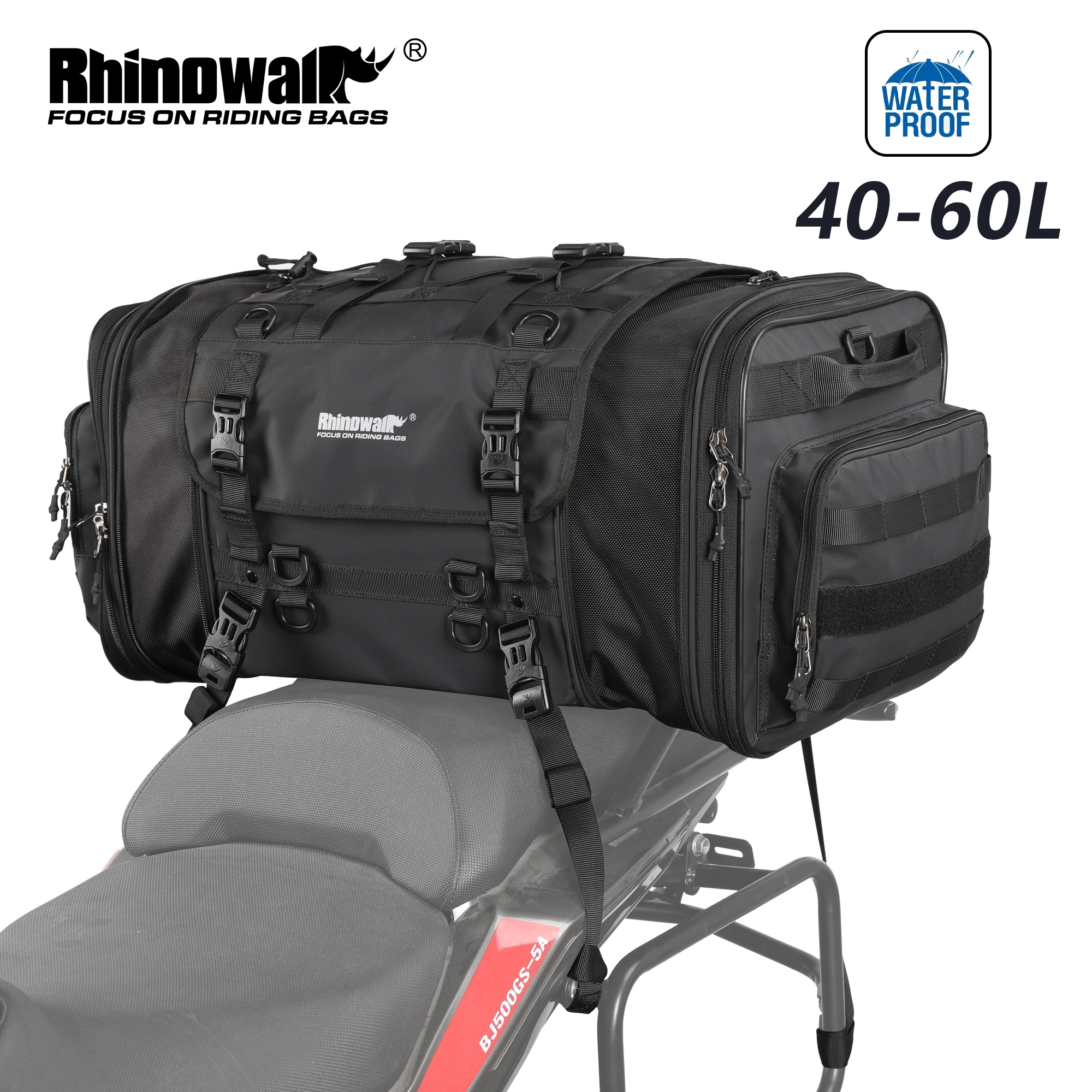 Borsa da moto Rhinowalk borsa da sella per moto in PVC impermeabile borsa da sella posteriore di grande capacitΓ 40-60L bagaglio da viaggio all'aperto 2023