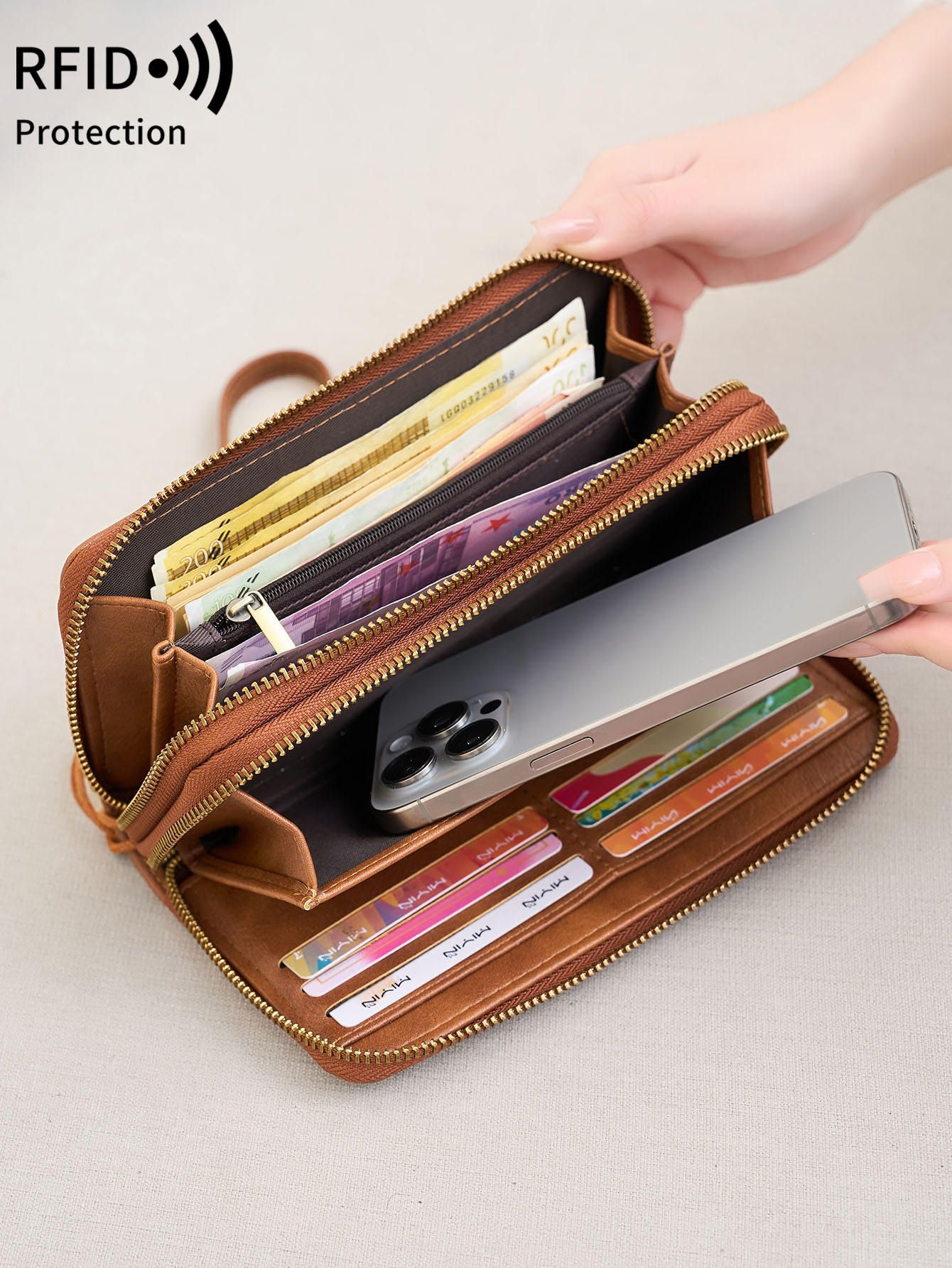 Cartera MIYIN para mujer con protección RFID, bolso de mano con doble cremallera para mujer, tarjetero Retro minimalista multifunción con ranura para múltiples tarjetas