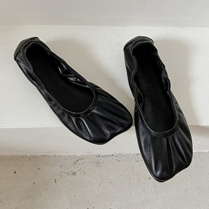 Dave&di Minimalist Leather Pleated Single Shoes Flat Shoes Ballet Shoes French Retro Square Toe Comfortable Dance Shoes Woman