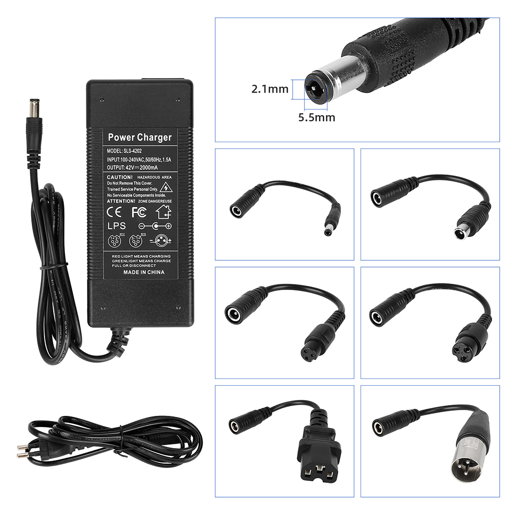 Pengisi daya baterai sepeda listrik 42V/1,5a EU, pengisi daya baterai litium elektrik dengan 6 kabel adaptor, pengisi daya baterai e-bike