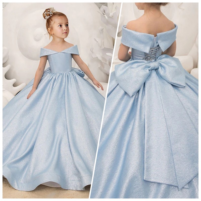 Abiti da ragazza di fiore lunghi con spalle scoperte Elegante abito da ballo in raso da principessa con fiocco per abito da prima comunione per festa di compleanno per bambini