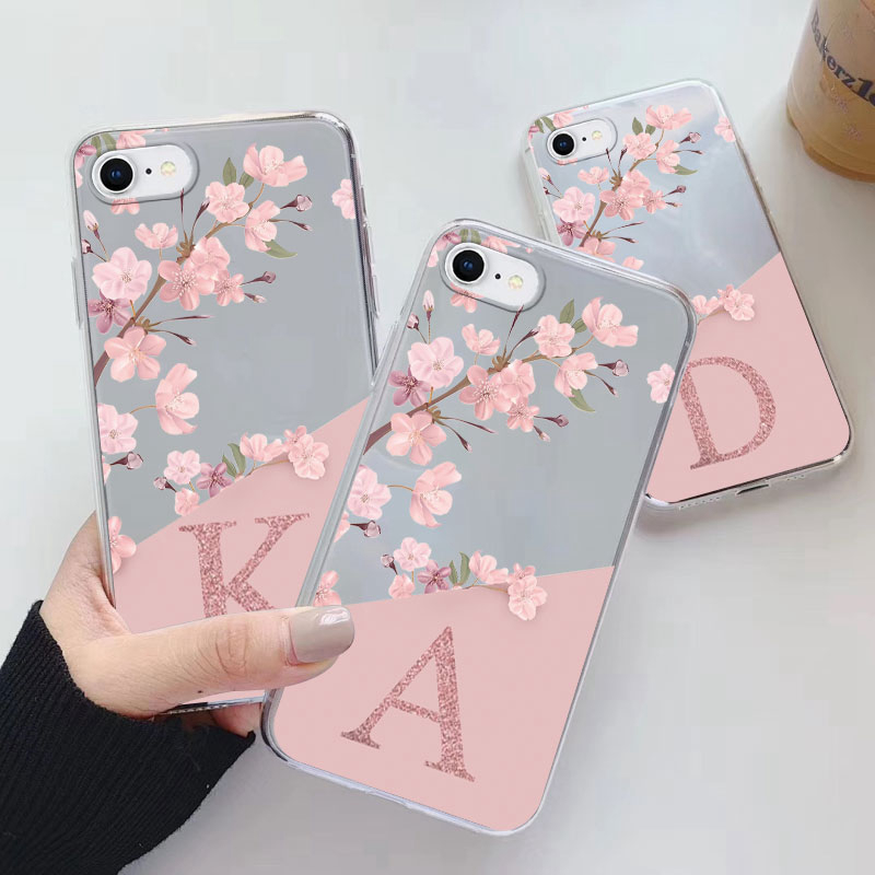 Custodia con lettere fiori per iPhone 7 8 Plus SE 2020 Capa Cover in silicone morbido trasparente per iPhone 7plus 8 + Fundas Alfabeto trasparente
