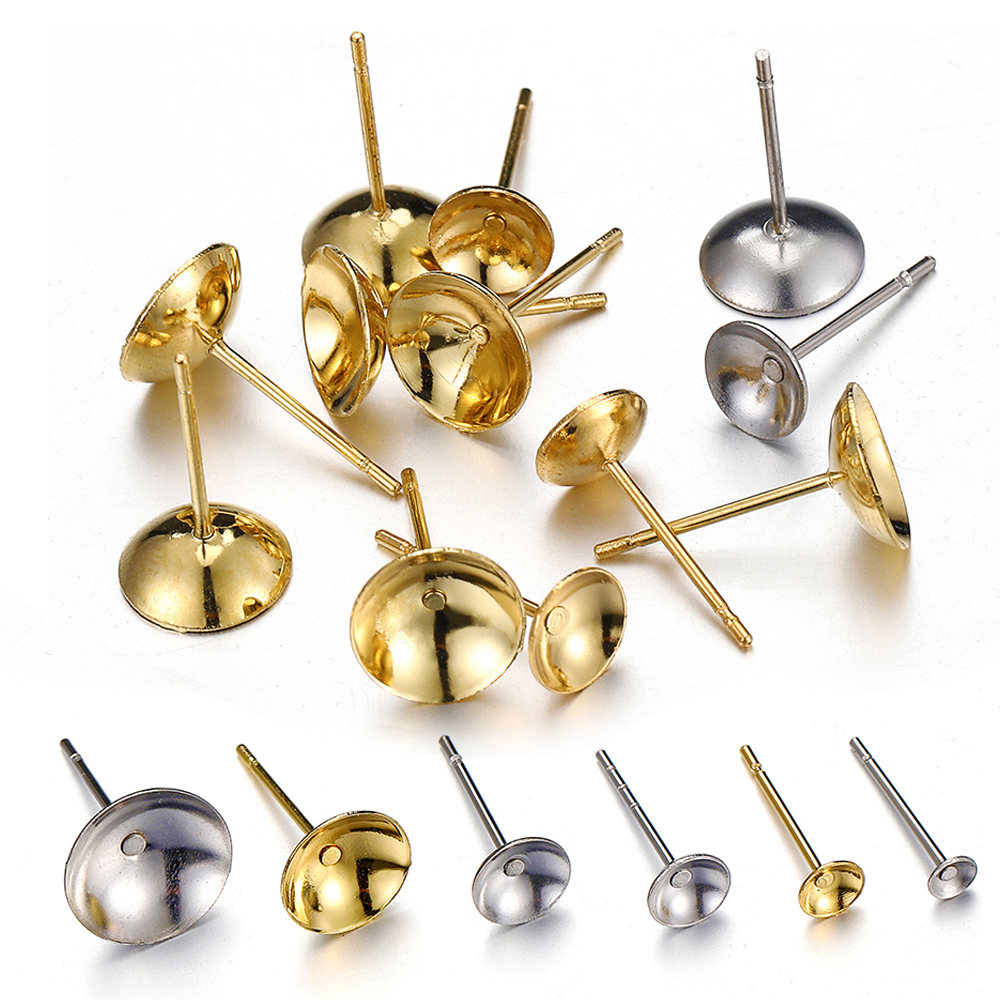 50 Buah Tindik Telinga Stainless Steel 3-8Mm untuk Dasar Anting-Anting Mutiara untuk Pembuatan Perhiasan DIY Aksesori Warna Emas