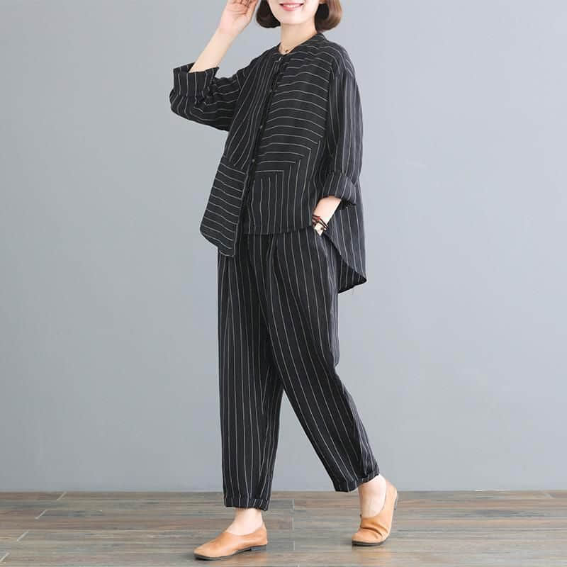 Set di pantaloni camicie a righe a maniche lunghe oversize Casual e pantaloni Harem in vita elastica completi da donna in due pezzi in stile coreano