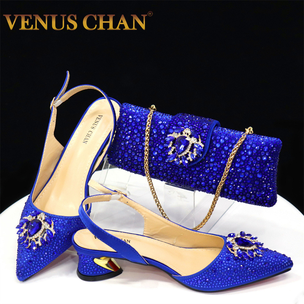 Женские сандалии Venus Chan Королевского синего цвета, роскошные свадебные туфли-лодочки на среднем каблуке, дизайнерский комплект из туфель и сумок, 2024