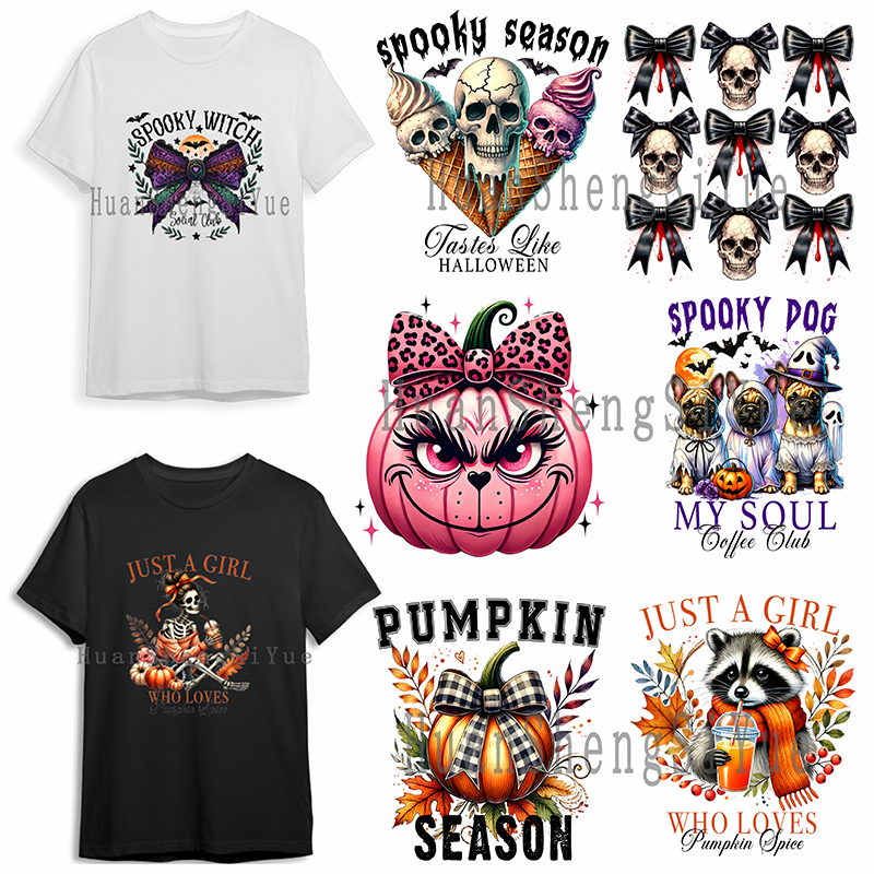 Halloween Thanksgiving stiker setrika pakaian DTF Fashion T-shirt Hoodie DIY jaket Patch pakaian panas pasta kertas