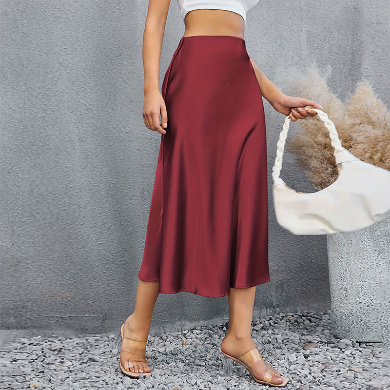 กระโปรงซาตินสําหรับผู้หญิงสไตล์เกาหลีแชมเปญสํานักงานเอวสูง A-Line Skort แฟชั่นหรูหรายาวกระโปรงดินสอผ้าไหมเช่น