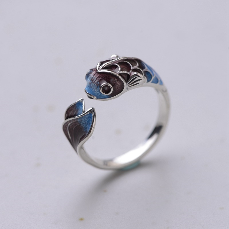 Bague Vintage porte-bonheur en forme de poisson pour femmes, anneau ouvert en argent plaqué cuivre bleu Lotus lapin, bijoux de fête de mariage