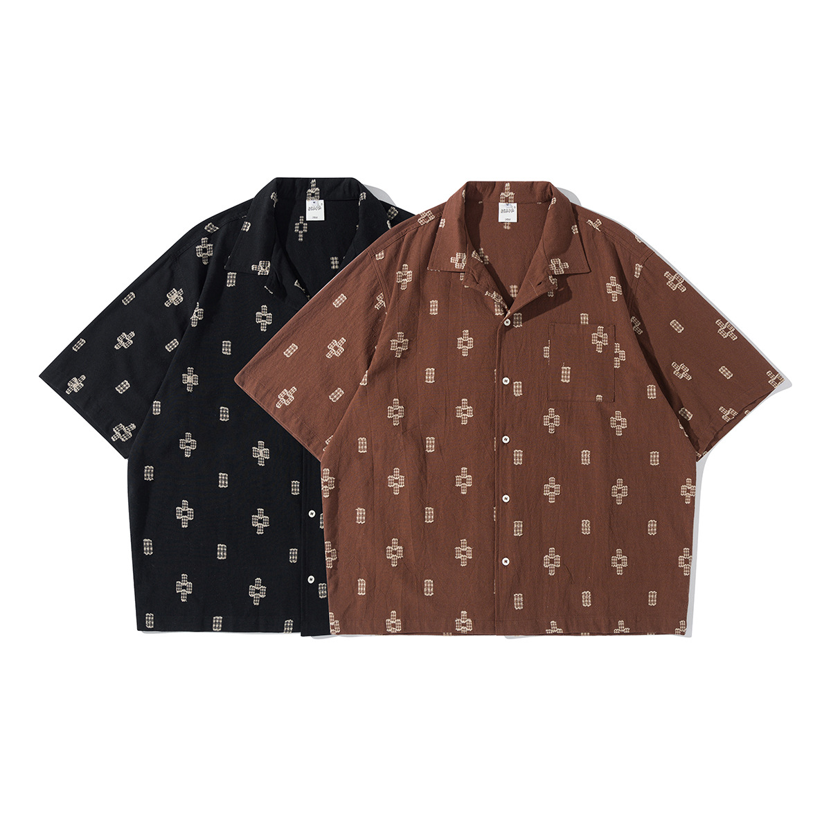 Camicia jacquard ricamata vintage casual da uomo con colletto cubano giapponese Camicie a maniche corte streetwear casual larghe Cityboy