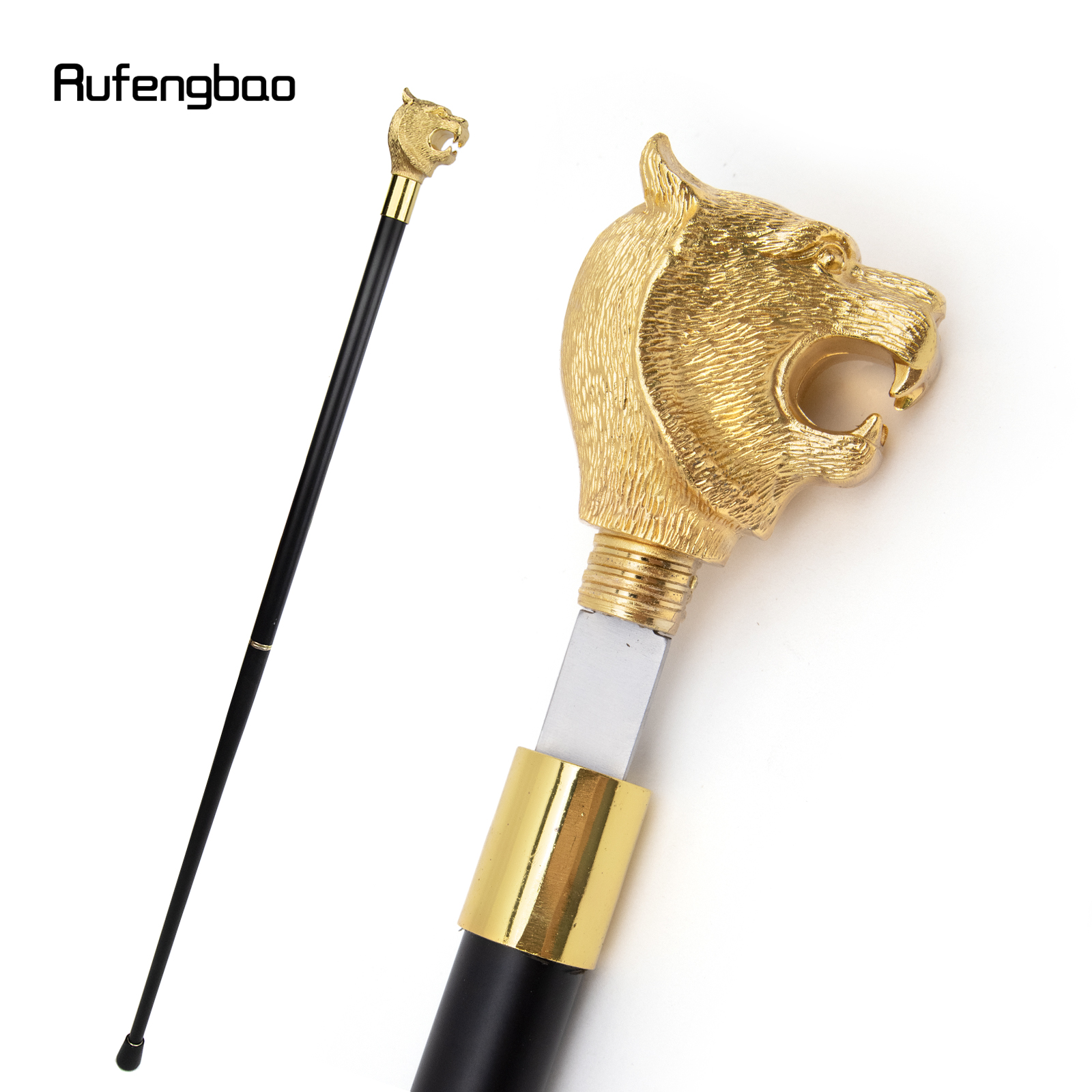 Bastón dorado de lujo con mango de cabeza de Tigre, placa oculta de autodefensa, placa de caña de moda, palo de cocodrilo para Cosplay, 93cm