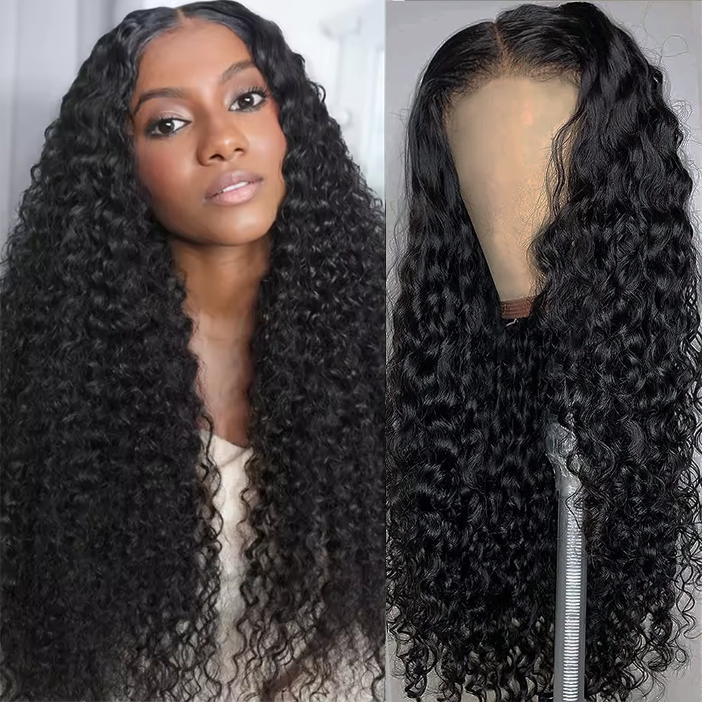 Parrucca Deep Wave HD Trasparente 13x4 con Frontale in Pizzo, Capelli Umani Brasiliani Ricci, Pre-Pizzicata, Nera Naturale, con Baby Hair