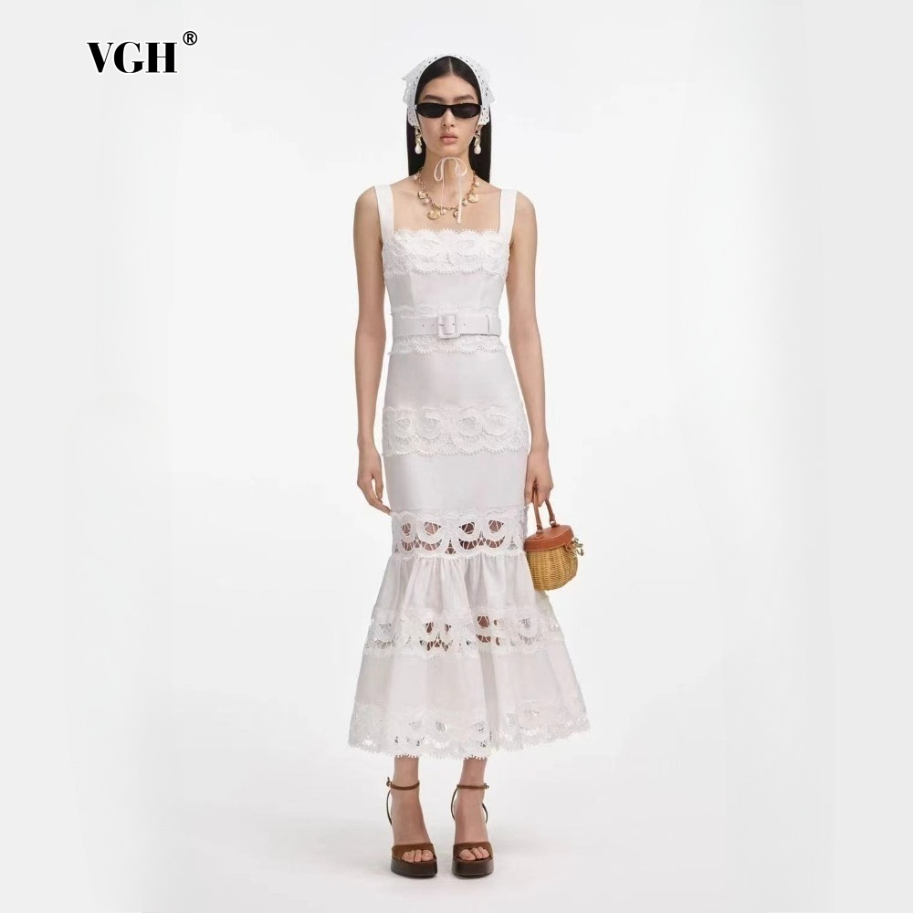 VGH Solide Elegante Verstärktes Aushöhlen Kleid für Frauen Quadrat Kragen Ärmellose Patchwork Schärpen Hohe Taille Bodycon Kleider Weibliche