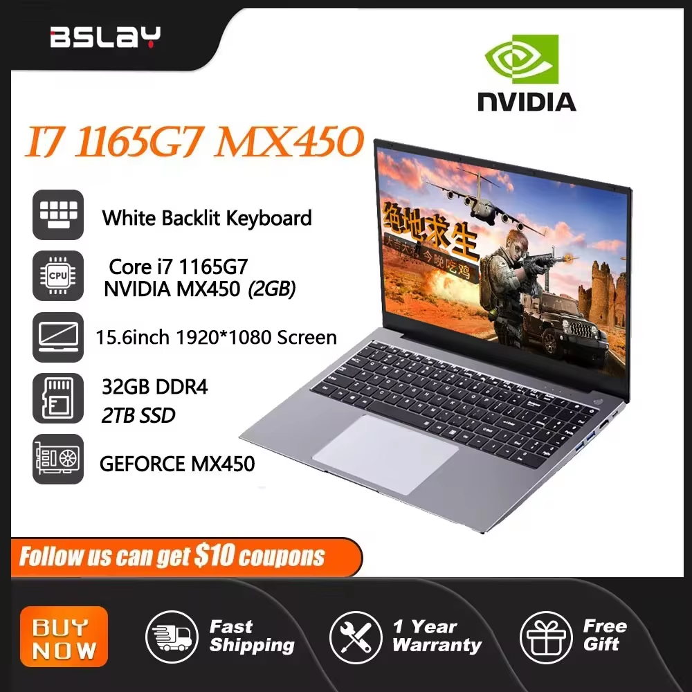 Laptop 15.6 Inch Intel i7 1195G7 NVIDIA MX450 2G DDR4 Window11 32G RAM 2TB SSD HD Camera Fingerprint Unlock Portable Netbook