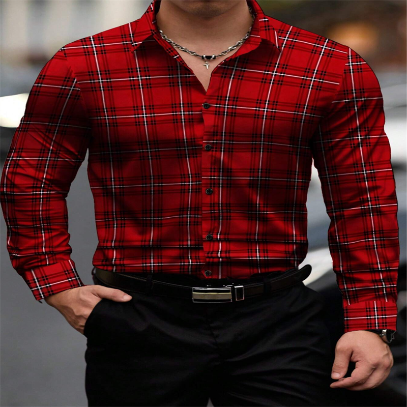 2024 new men's classic striped plaid long-sleeved shirt Men's classic red casual fashion shirt top